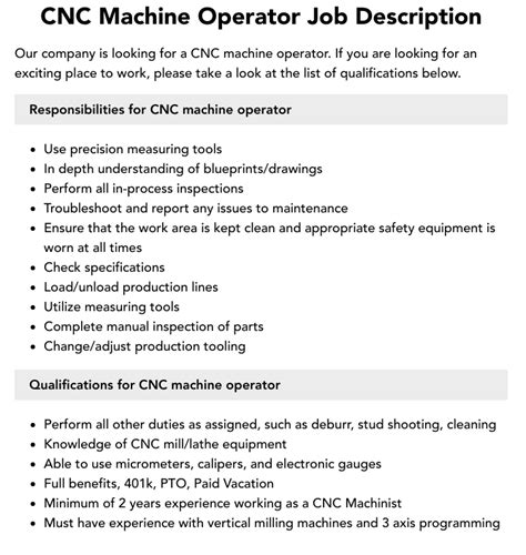 cnc machine operator responsibilities|duties of cnc machine operator.